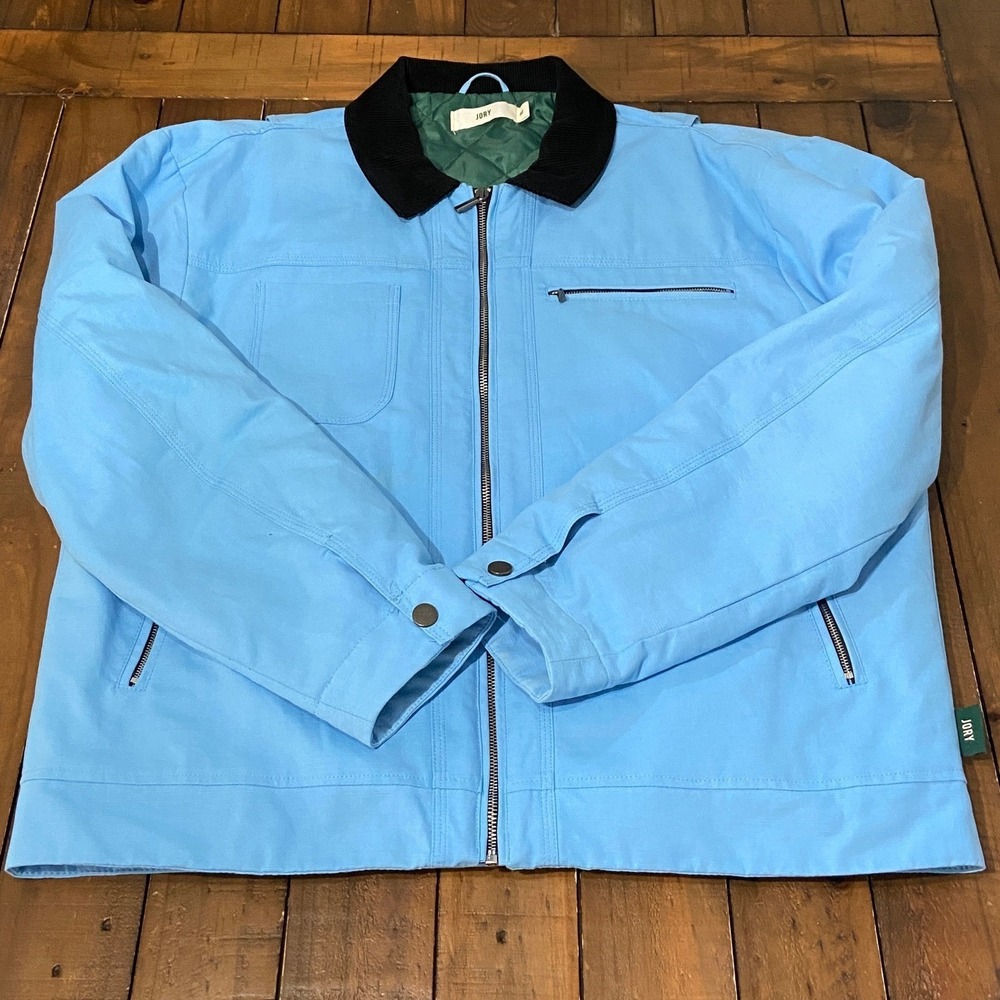 JORY Elara Canvas Work Jacket Powder Blue Black Corduroy Collar Cropped Boxy XL